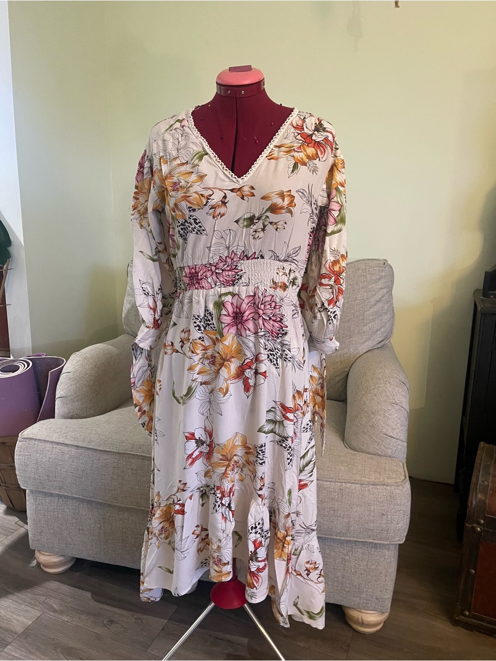 Abel the Label Floral V-Neck Smocked Waist Maxi Dress - White Floral